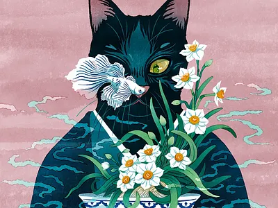 Cat in flower design illustration logo