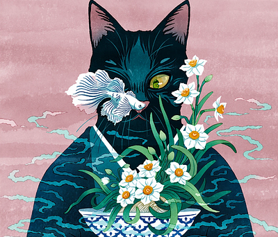 Cat in flower design illustration logo