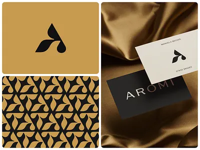 Aromi Brand Visuals abstract symbol blossom brand identity branding business card drop fragrance leaves letter a letter logo logo design logomark monogram nature pattern perfume plant