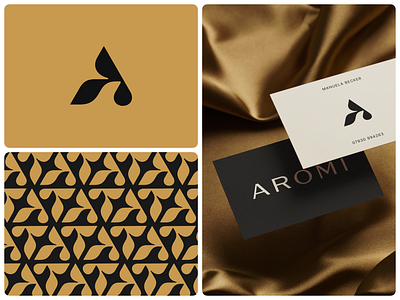 Aromi Brand Visuals abstract symbol blossom brand identity branding business card drop fragrance leaves letter a letter logo logo design logomark monogram nature pattern perfume plant