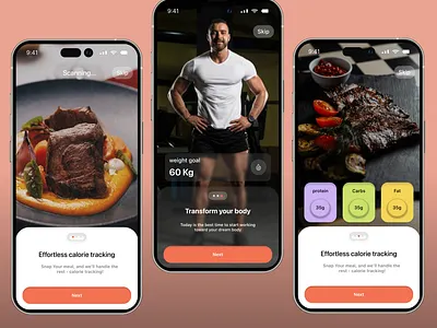 Track Fit – Minimal Nutrition App UI calorietracker dribbbleweeklywarmup figmadesign fitnessapp foodscanner healthtech minimalui mobileapp nutritracker onboarding smartapp uiux