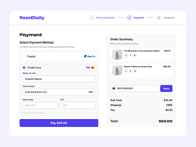 Daily UI #002 | Credit Card Checkout Design checkout page credit card page daily ui payment page ui design ux design