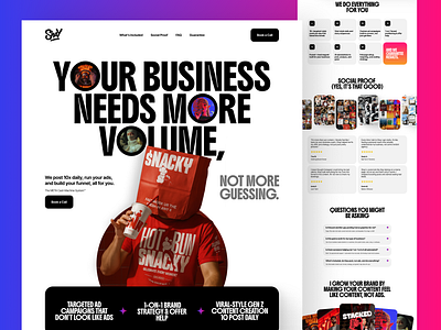 Landing page for a marketing agency website ai image bold ui design branding website colorful creative landing page digital marketing gallery section gen z web design gradient hero section instagram marketing meta ads landing page minimal modern web design social proof design trendy viral content design webflow design
