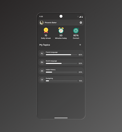 UI Dashboard. clean ui custom dashboard ui dark theme app dark ui design e learning design education app figma mobile ui gamified learning glassmorphism ui language learning ui learning app ui minimal app design mobile app design mobile dashboard mobile ux progress tracker skill tracker app streak tracker ui inspiration ux design system