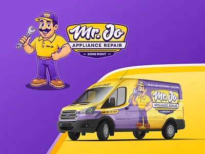 Mr. Jo Appliance Repair appliance repair branding character design design home service home service brand illustration logo mascot van van wrap vector
