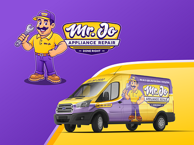 Mr. Jo Appliance Repair appliance repair branding character design design home service home service brand illustration logo mascot van van wrap vector