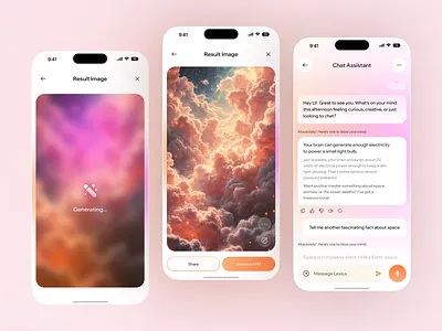 Lexica AI App – Image Result & Chat Assistant Screens UI Design ai chat ai image generator ai tools app app design chat assistant clean interface figma ui futuristic ui gradient ui image generation mobile app mobile ui design modern app design pastel colors smart assistant ux design