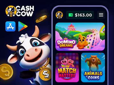 Cashcow: 3D Mascot 3d ai animation app design banner ads branding character design facebook ads game games google ads google play store graphic design mobile game mobile games product design social media ui