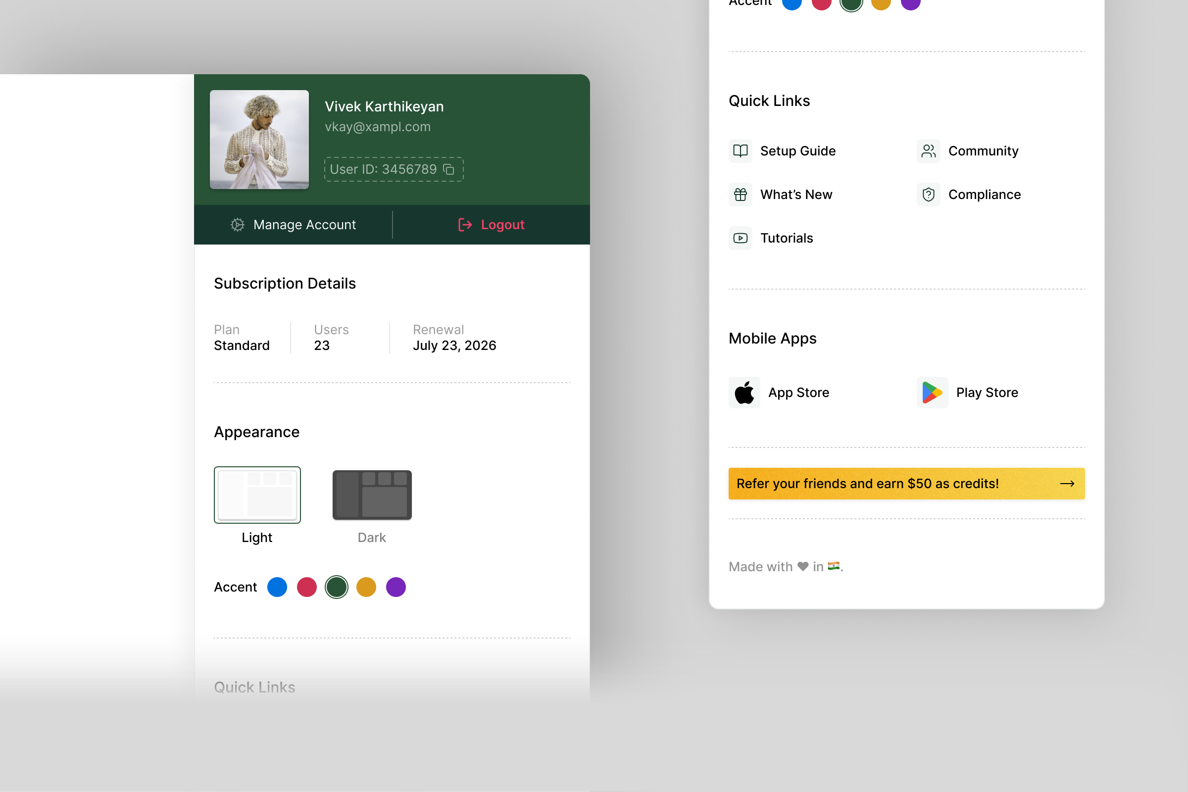 Profile Pane green profile referral side pane ui user