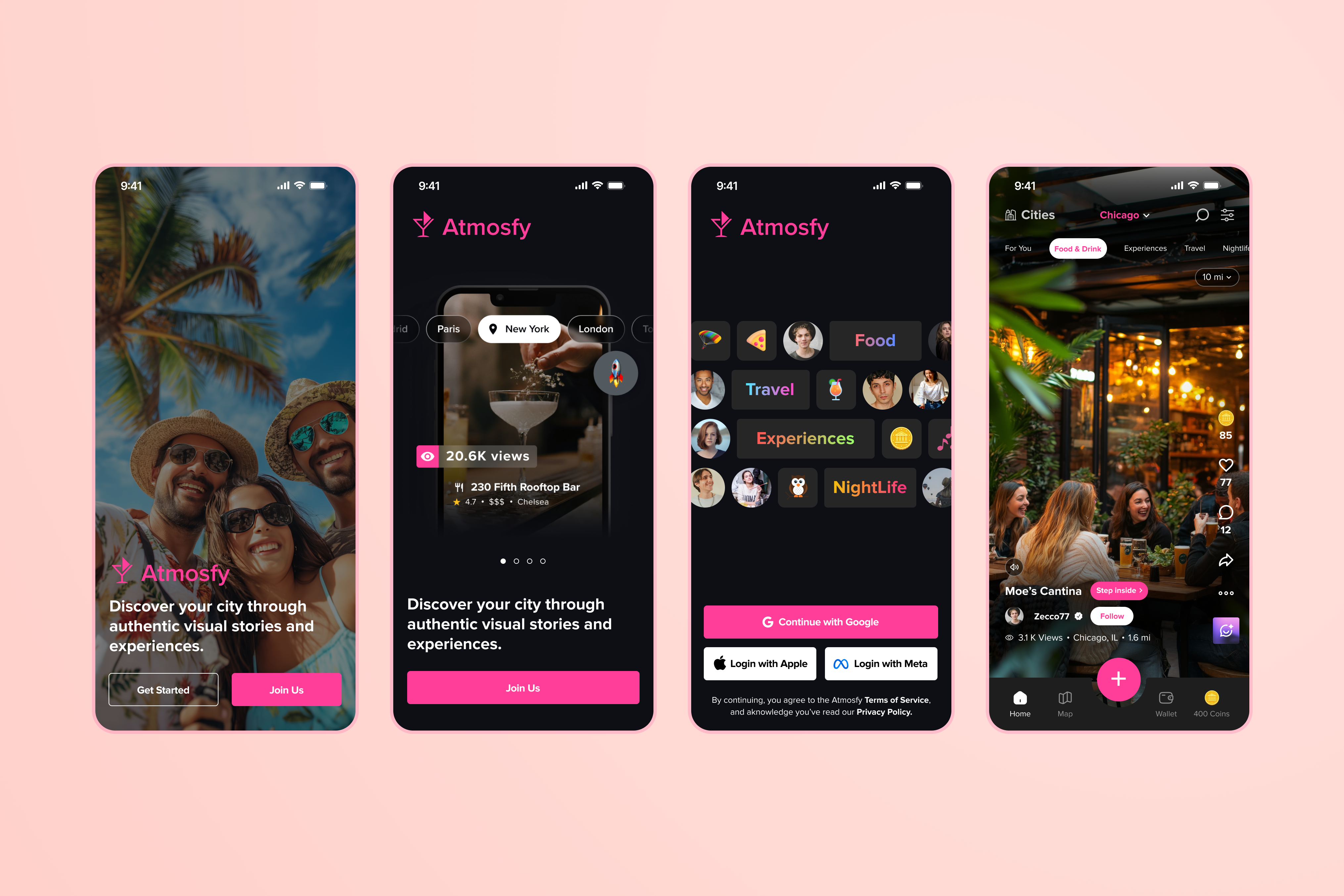 Travel + Experiences + Food + Night Life = Atmosfy apps mobile ui ux