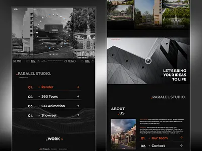 Paralel Studio - Architecture Visualization Web Design 3d 3d visualization architecture visualization architecture web design black design civil engineering contact page dark landing page dark mode dark web design ecomerce minimal design modern web site property real estate team page typography ui web studio webflow