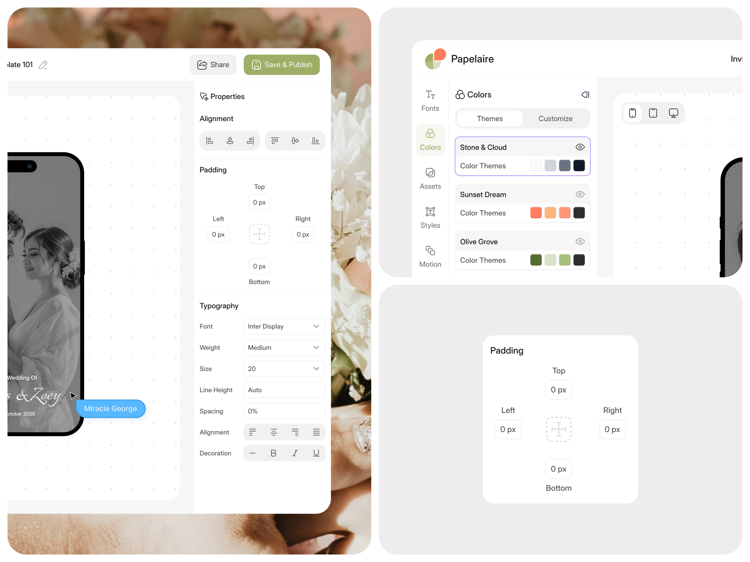 Papelaire - Invitation Builder builder color themes component invitation manage color themes no code platform party invitation product product design publish style template themes ui web web design web page web site website wedding invitation