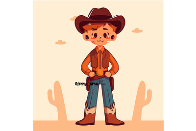 Cartoon Boy with a Cowboy Hat and Boots adventure background cactus cartoon character cowboy cowgirl desert gaucho hat mountains retro revolver riding rodeo texas traditional vintage western wild