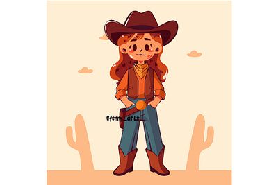 Cartoon Girl Dressed As a Cowgirl adventure background cactus cartoon character cowboy cowgirl deser gaucho hat mountains retro revolver riding rodeo texas traditional vintage western wild