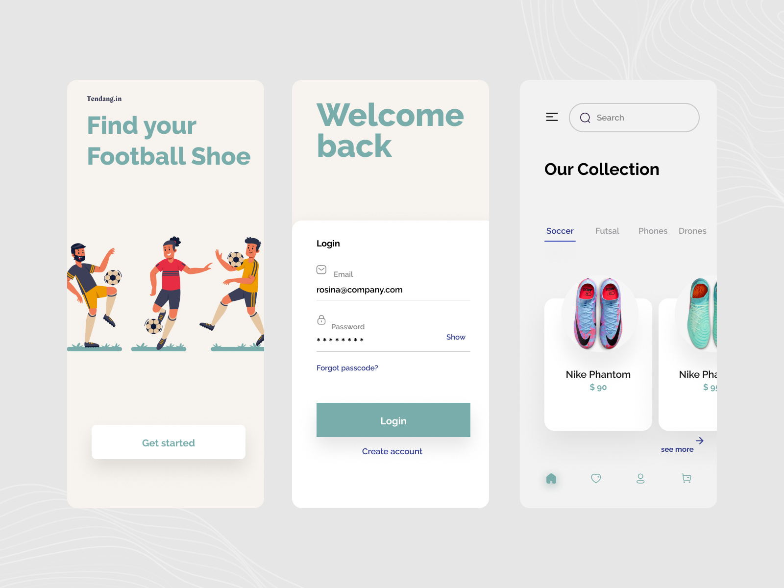 Tendang.in App ⚽ app branding clean design design football illustration minimalist mobile design mobile ui soccerapp ui white