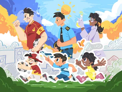 International Kids Day celebrate character children children illustration crayon crayon style diversity dream football illustration international kids day job kids kids day kids illustration paper pilot science scientist soccer