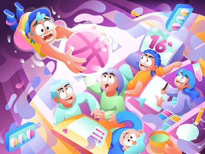 The Sweet 16th Dimension, Dribbble! 3d animation birhtday branding creator design dimension gradient graphic design happy hero header illustration landing page logo motion graphics playfull ui vector website