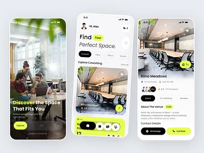 Coworking Space Finder App booking clean concept coworking coworking space finder mobile mobile app rental app reservation reserve space finder user interface workspace