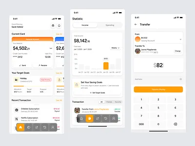 Financcee - Finance Tracker Mobile App debitcard design finance financeapp financemobile history iosmobile mobile mobileapp mobileappdesign money statistic trackermoney transferflow transferscreen ui uidesigner uiux