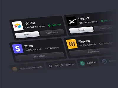 Funding Marketplace: Invest in Private Companies captable card clean dark dashboard fintech fundraising investment minimal saas shadcn shadcnui tailwind