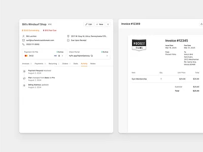 Invoice Details & Client Payment Status in Dashboard activitylog app billing clean clientportal crm dashboard finance flat invoice minimal paymenttracking receipt saas shadcn shadcnui statusbadges ui ux