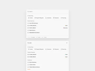 Smart Search for Invoices and Customers with Filters autocomplete clean commandk customerlookup dashboard filtering financetool flat history minimal paymentrequests saas search shadcn shadcnui