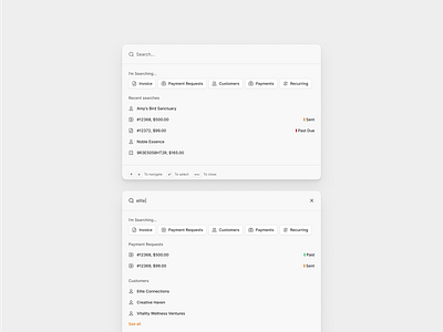 Smart Search for Invoices and Customers with Filters autocomplete clean commandk customerlookup dashboard filtering financetool flat history minimal paymentrequests saas search shadcn shadcnui