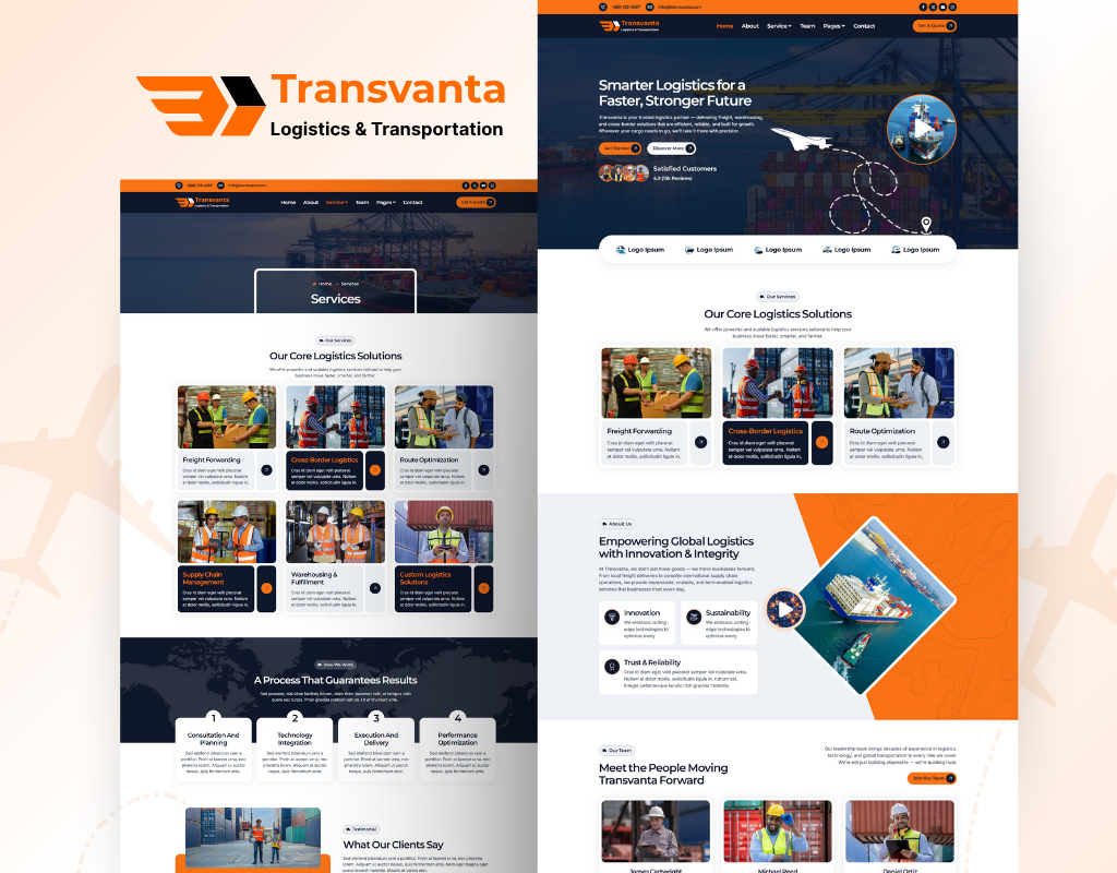 Transvanta – Logistics & Transportation Elementor Template Kit cargo company courier delivery design elementor freight landingpage logistics move moving shipping transportation trasport truck trucking ui warehouse webdesign