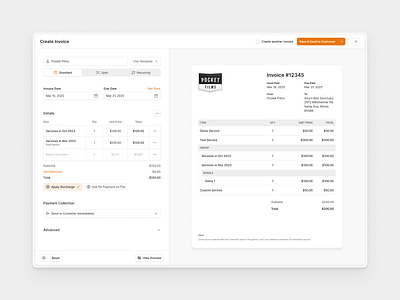 Invoice Creation UI billing clean dashboard finance flat formui formux invoice lightmode minimal payment receipt saas shadcn shadcnui uxform
