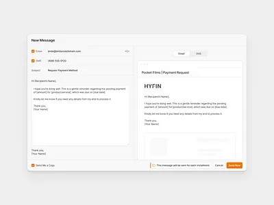 Dual Channel Payment Reminder Message billing clean communication dashboard emailtemplate flat hydridui minimal multichannel paymentreminder reminder saas shadcn shadcnui sms template transaction