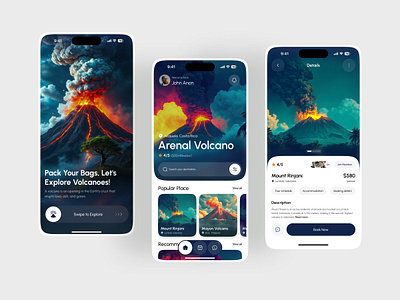 Volcano Explore Mobile App adventure app design booking booking app mobile app mobile ui tour tourism tourist travel travel agency travel app travel service trip ui ux vacation volcano travel volcano app volcano explore