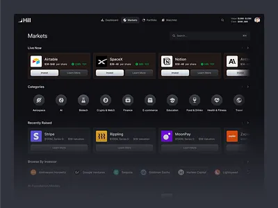 Markets & Investment UI cards clean cta darkmode dashboard finance flat horizontal scrolling investing minimal saas shadcn shadcnui tag toggles trading