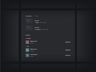 Contract & Milestone Overview clean contract darkmode dashboard document finace flat grouped ui invoices milestone minimal project tracking proposals saas shadcn shadcnui signed status