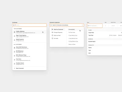 Customer Selection and Billing Options billing clean crm customer management dashboard dropdowns flat input fields invoicing flow lightweight ui minimal saas shadcn shadcnui step form