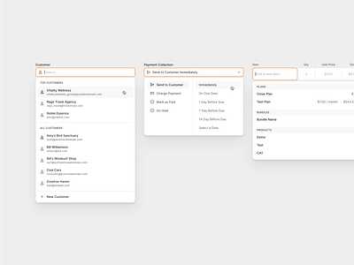 Customer Selection and Billing Options billing clean crm customer management dashboard dropdowns flat input fields invoicing flow lightweight ui minimal saas shadcn shadcnui step form