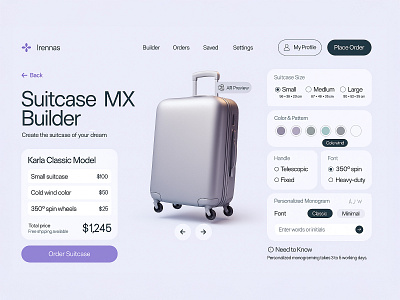 Customizable Suitcase Builder Interface 3d animation branding customization graphic design interactive logo minimal mobile monogram motion graphics personalized suitcase ui