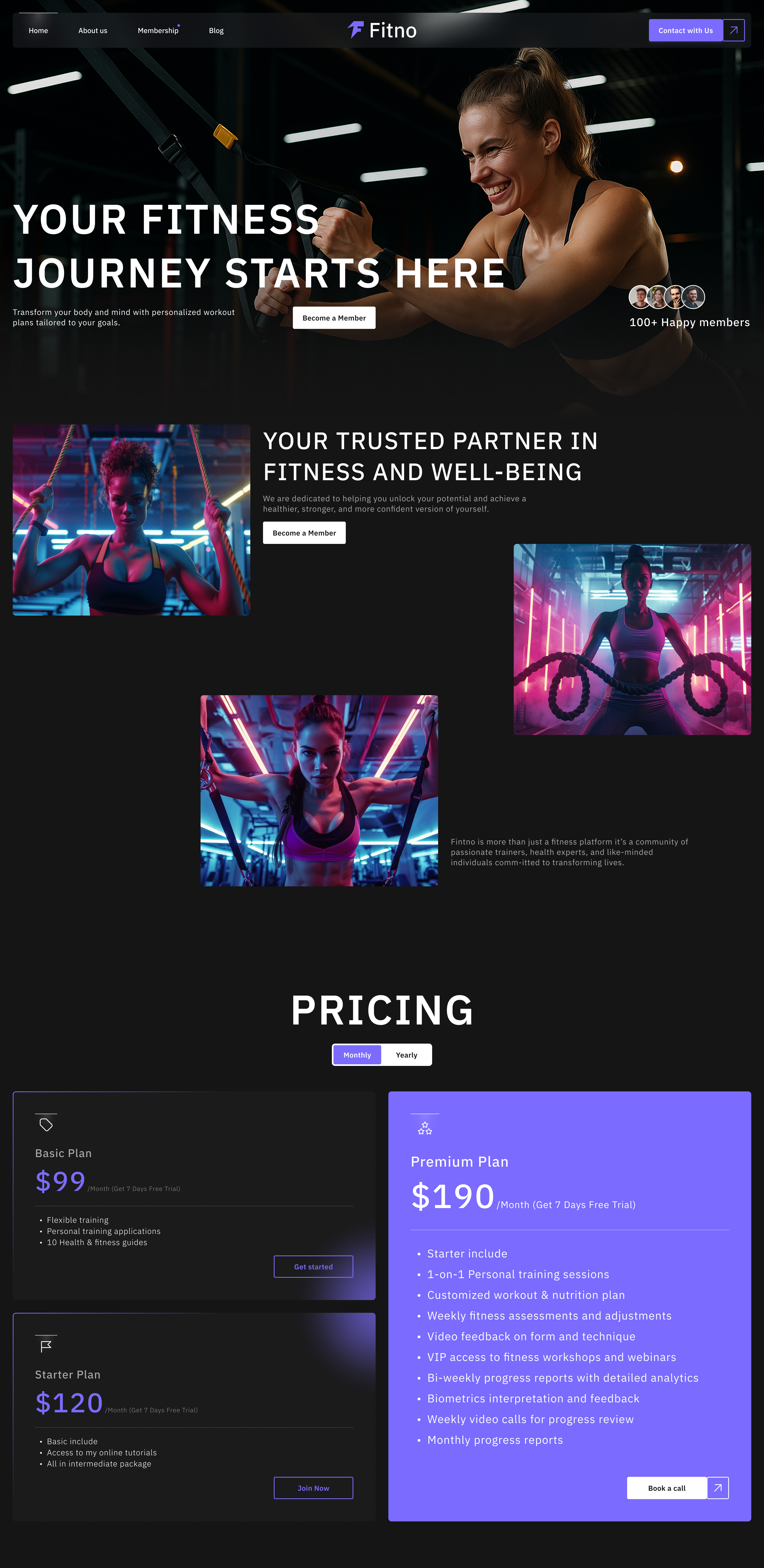 Fitno - Gym Studio Website UI/UX Design bodybuilding fitness assistant fitness club fitness landing page fitness website gym landing page gym motivation gymnasium healthcare mobile app design modern landing page online fitness pixso design product design responsive design web design website animation website design workout workout website