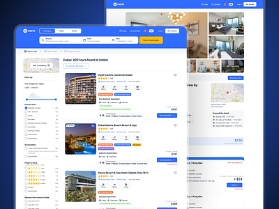 Travel Booking website - Hotel search blue cards clean design filter flight hotel map modern rental search ui ux web design