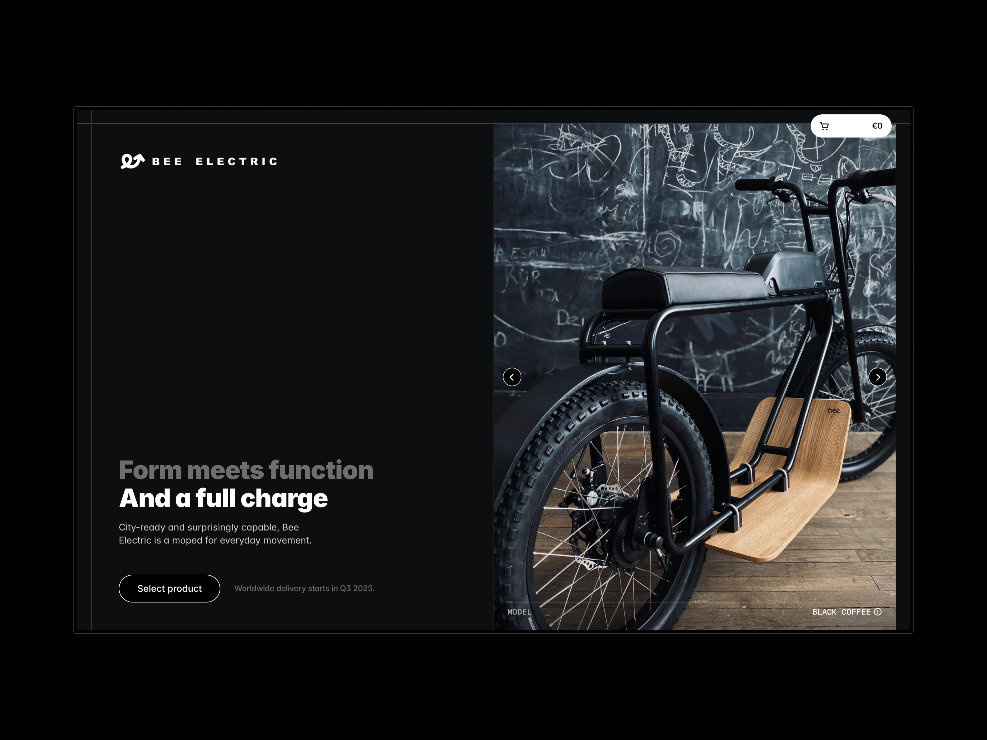 Product Website for Bee Electric dark design ecommerce framer moped page product shop store website