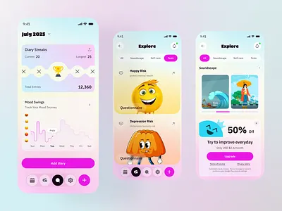 Mood Tracker and Mental Health App Design daily self care dribbble medical meditation mental care mental health design mobile app ui mobile design mood tracker product design self care startup stress tracker telemedicine ui ux wellness app