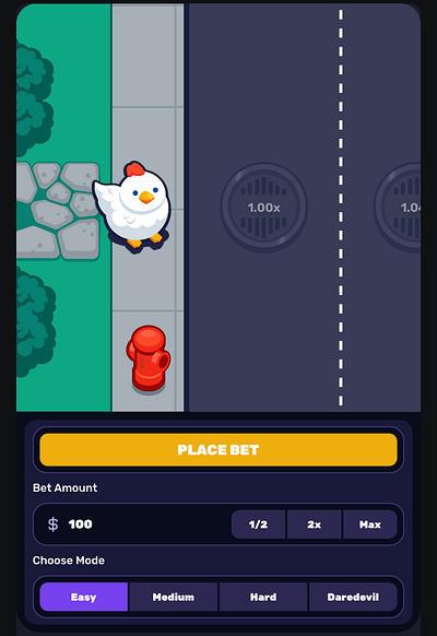 Mission Uncrossable - Casino game casino casino design casino games casino interface chicken game chicken road 1 chicken road game crash crypto casino design fast casino games gambling game illustration mission uncrossable plinko source code ui