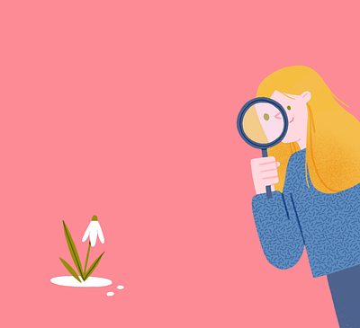 Looking for Spring blooming character curious flower girl illustration lens magnifying glass procreate snowdrop spring texture