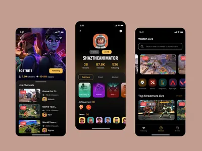 Live your game. Watch the world play. clean ui dark mode ui discover games entertainment app game streaming game ui gamer profile gaming app live streaming mobile app design mobile ux modern app stream dashboard streamer app streaming platform twitch ui ui inspiration user profile ux design video game app