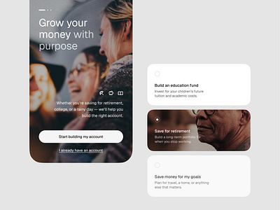 Start screen & account choice account choice design fintech get started interaction light photo radio retirement start screen ui ux white