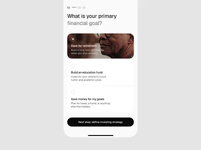 Financial goal choice choice design education finance fintech interaction investing light minimal photo radio retire ui ux white
