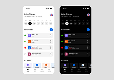 Modo: Daily planner and habit tracker daily planner dark mode design habit tracking mobile app productivity tracker ui design user experience