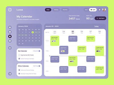 Luxoa - Calendar Dashboard activity planner analytics dashboard calendar app calendar dashboard daily planner dashboard dashboard ui dashboard ux design figma fitness app saas scheduling dashboard design task manager ui ui uiux ux workout tracker