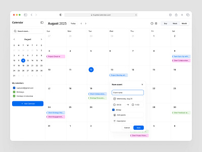 Calender Page calender calender ui clean dashboard calender gradient graphic design manager planer dashboard private product management scheduling shot soft supitar task ui ux web app