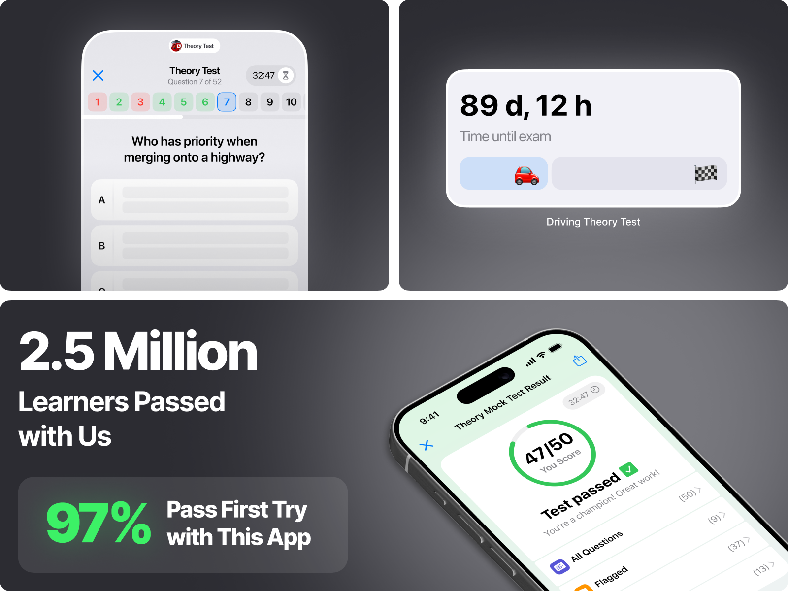 Theory App Project app app store dark drive exam graphic design ios iphone mobile mockup modern pass study success test theory ui ux widgets