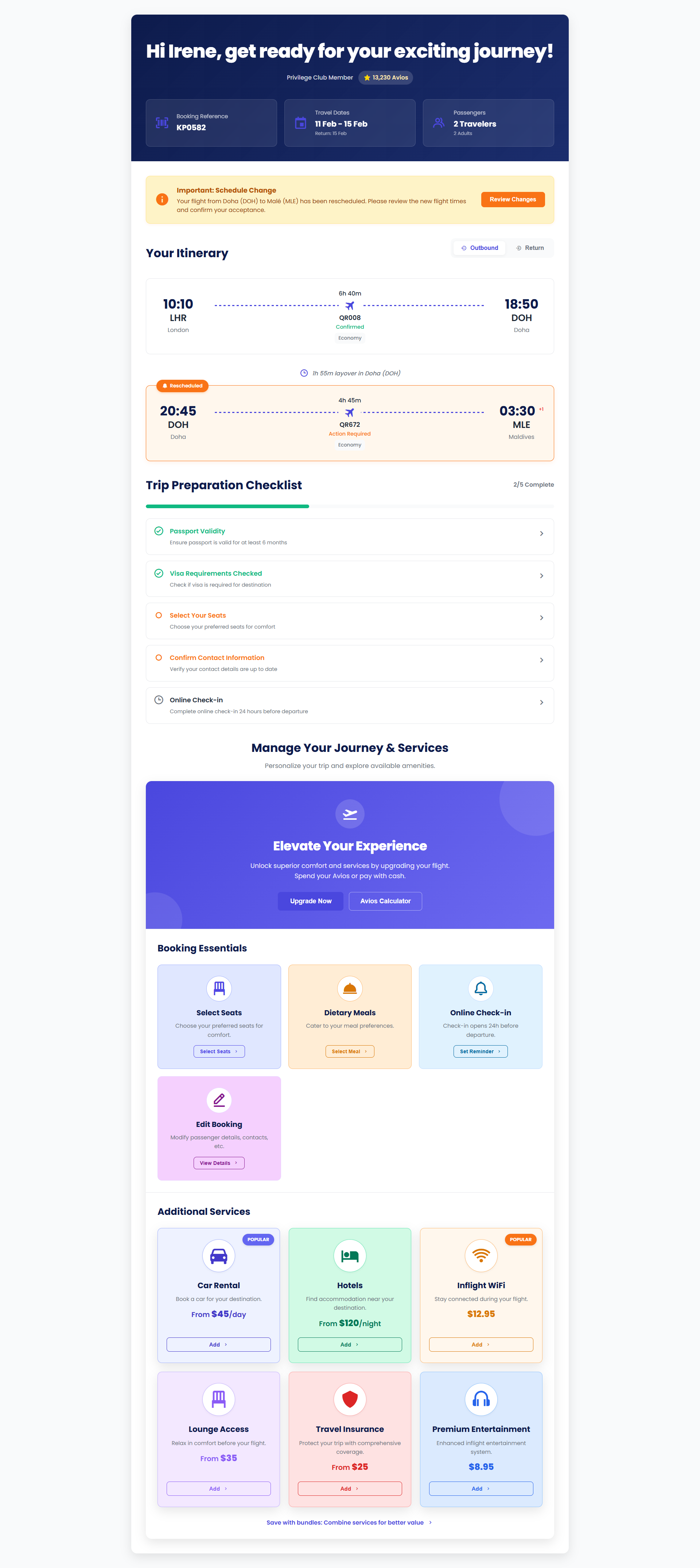 Flight Itinerary & Travel Dashboard UI – Seamless Pre-Trip Exper passenger dashboard